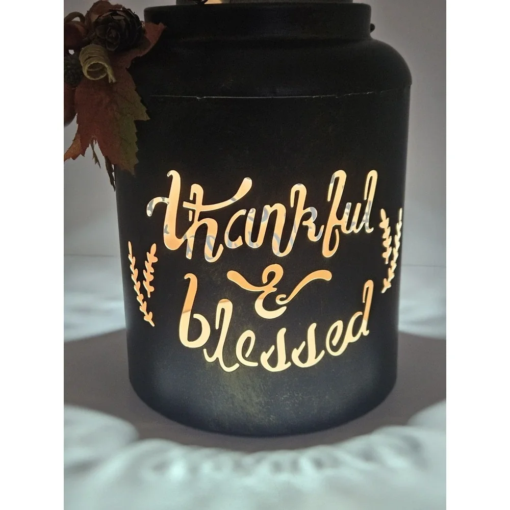 Thankful & Blessed Metal Candle Holder Cutout Jar Faux Foliage Acorn Fall Decor
